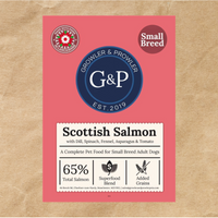 A healthy and balanced meal for small breed dogs from Growler and Prowler, packed with essential nutrients and made with real Scottish salmon. The bag shows the ingredients, the brand logo, and the "Superfood Small Breed Dog" label.